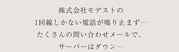 株式会社モデストの1回線しかない電話が鳴り止まず…たくさんの問い合わせメールで、サーバーはダウン…