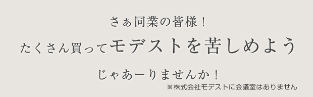 さぁ同業の皆様！たくさん買ってモデストを苦しめようじゃあーりませんか！※株式会社モデストに会議室はありません